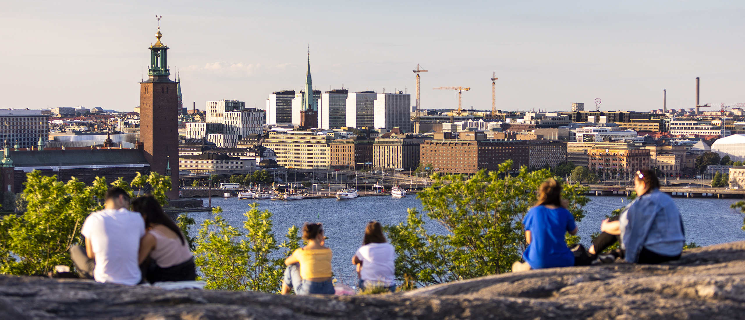 Det är sommar och några människor sitter på Skinnarviksberget och tittar på utsikten mot Stockholms stadshus och city.