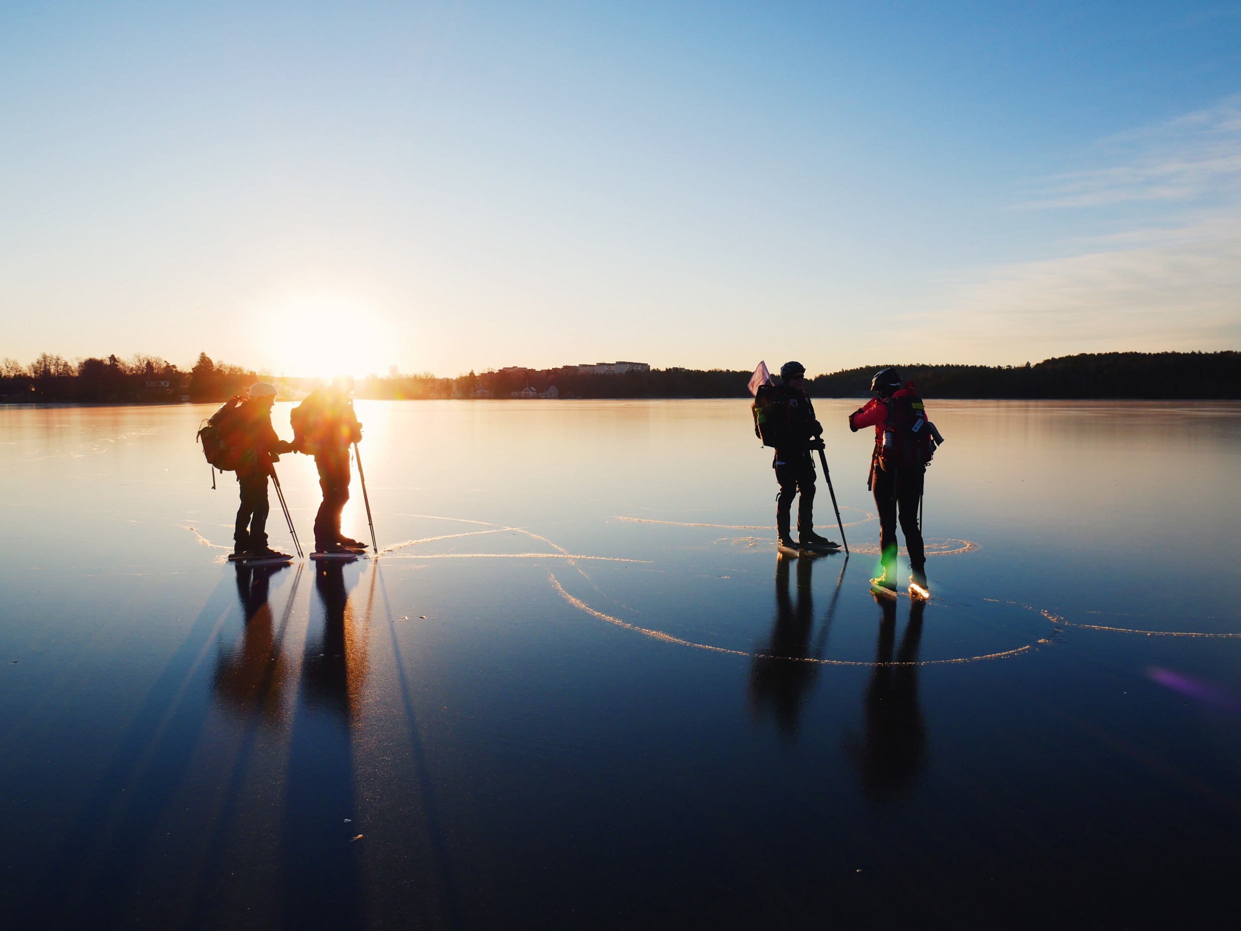 Fyra personer åker långfärdsskridskor en solig vinterdag